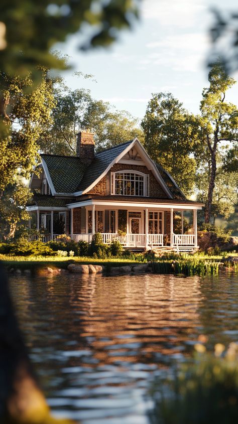 Riverside Cottage with a Cozy Porch Muskoka Cottage Interiors, Cottage Lake House, Peaceful Water, Cozy Porch, Life Core, Cottagecore House, Muskoka Cottage, Riverside Cottage, Roblox House