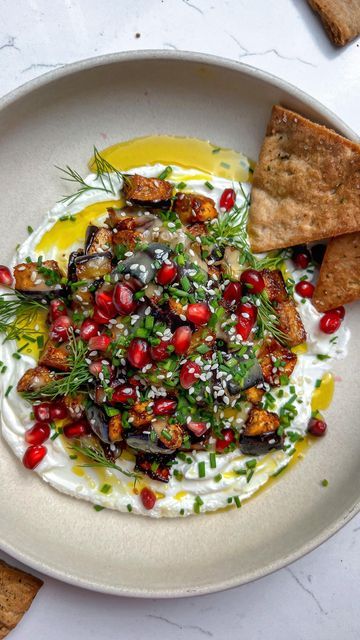 Labneh Recipe Ideas, Labneh Breakfast, Lebanese Eggplant, Fatteh Eggplant, Eggplant Tahini Dip, Eggplant Fatteh, Labneh Dip, Turkish Eggplant Dip, Labneh Recipe