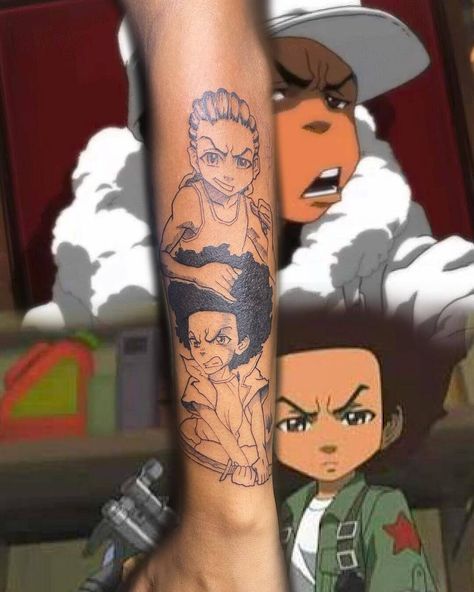 Riley And Huey Tattoo Designs, Animation Tattoo Ideas, The Boondocks Tattoo Ideas, Riley Boondocks Tattoo, Riley Freeman Tattoo, Huey Freeman Tattoo, Nickelodeon Tattoos, Boondocks Tattoo Designs, Boondocks Tattoo