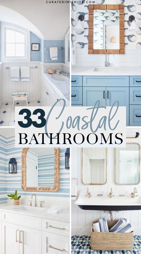 Blue Coastal Bathroom Ideas, Cape Cod Bathroom Ideas, Coastal Half Bathroom Ideas, Coastal Small Bathroom Ideas, Coastal Wallpaper Bathroom, Seashell Bathroom Ideas, Coastal Bathrooms Ideas, Beachy Bathroom Coastal Style, Small Beach Bathroom Ideas