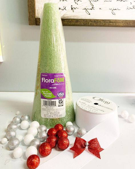 Mini Glitter Ball Christmas Tree - Katie Drane Blog Stryo Foam Christmas Tree, Christmas Tree Foam Cone, Diy Ornament Tree Styrofoam, Foam Cones Christmas Tree, Christmas Styrofoam Trees, Foam Cone Trees Christmas Diy, Foam Trees Christmas, Styrofoam Christmas Tree Crafts, Diy Foam Christmas Tree