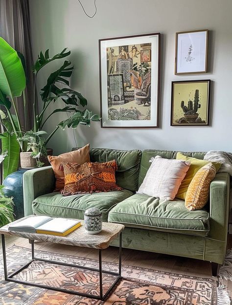 Wall Art Over Sofa, Living Room Decor Green Couch, Small Apartment Living Room Decor, Make Your Living Room Cozy, Apartment Living Room Decor Ideas, Small Apartment Decorating Living Room, Apartment Living Room Decor, Small Living Space, Living Room Cozy