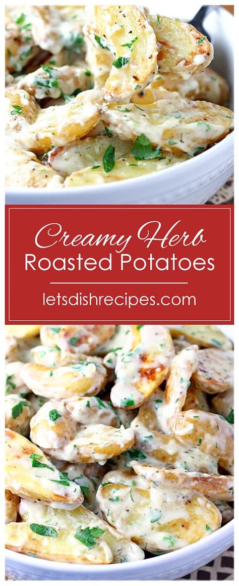 Creamy Herb Roasted Fingerling Potatoes Recipe -- Roasted fingerling potatoes are tossed with a creamy garlic and herb sauce in this unique side dish. #potatoes Creamy Mini Potatoes, Creamy Small Potatoes Recipe, Herbed Fingerling Potatoes, Recipes For Fingerling Potatoes, Fingerling Potato Recipes, Petite Fingerling Potato Recipes, Best Fingerling Potatoes Recipe, Boiled Fingerling Potatoes, Fingerling Potato Salad