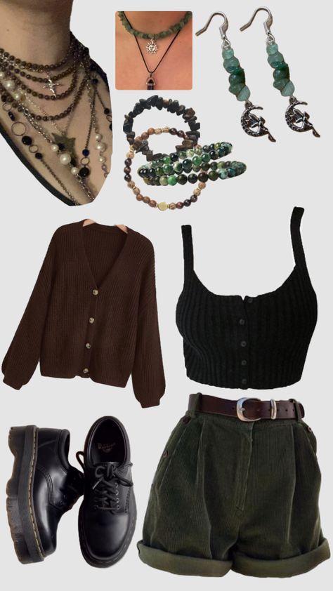 Brown Green Black Outfit, Earthtones Outfits Aesthetic, Crystal Clothes Aesthetic, Whimsigoth Green Outfit, Cottagecore Adventure Outfit, Paleontology Outfit, Hippie Cottagecore Outfits, Earthy Outfits Grunge, Dark Earthy Aesthetic Outfits