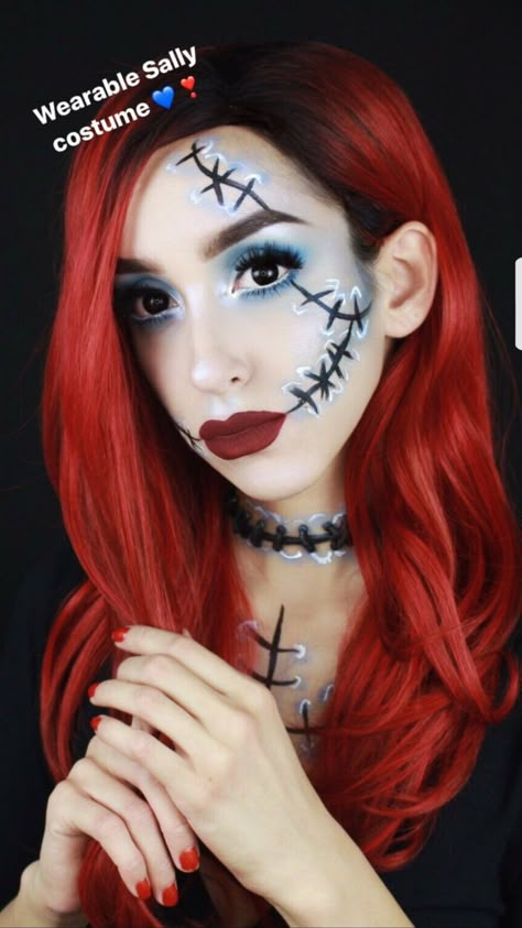 Nightmare Before Christmas Hairstyles, Sally Costume Nightmare Before Christmas Makeup, Diy Sally Costume Women Easy, Sally Make Up Nightmare Before Christmas, Sally Nightmare Before Christmas Makeup Easy, Easy Sally Halloween Makeup, Sally Makeup Looks, Sally Face Makeup Tutorial, Simple Sally Makeup