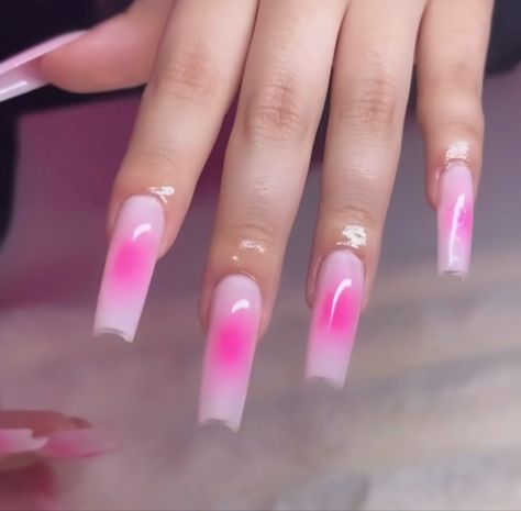 Air Spray Nails, Square Airbrush Nails, Centre Ombre Nails, Spray Paint Nails, Hot Pink Aura Nails, Pink Aura Nails Square, Pink Air Brush Nails, Pink Airbrush Nails Short, Light Pink Airbrush Nails