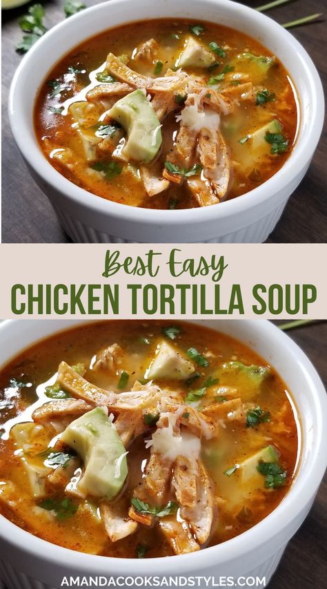 Brothy Chicken Tortilla Soup, Chicken Avocado Tortilla Soup, Tortilla Soup With Rotisserie Chicken, Chicken Tortilla Soup Stove Top, Authentic Tortilla Soup, Easy Tortilla Soup, Authentic Chicken Tortilla Soup, Homemade Tortilla Strips, Easy Chicken Tortilla Soup