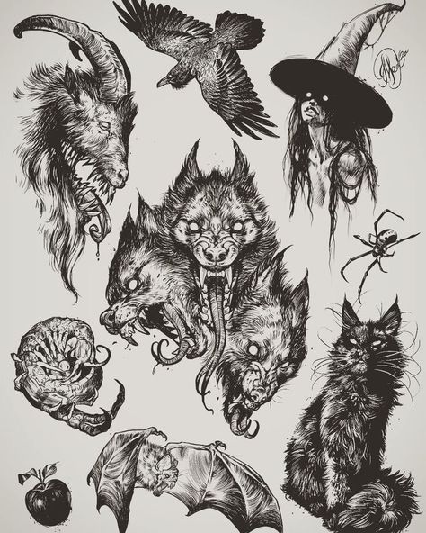 Demonic Tattoos, Halloween Sketches, Flash Art Tattoos, Kunst Tattoos, Witch Tattoo, Tattoo Zeichnungen, Creepy Tattoos, Spooky Tattoos, Halloween Tattoo