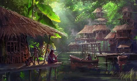 JungleLife by neilvk | Nature | 2D | CGSociety / paysage / village / junglespourpres Village Concept Art, Fantasy City, Fantasy Places, Fantasy Setting, Fantasy Art Landscapes, Fantasy Concept Art, 판타지 아트, Environment Design, Fantasy Inspiration