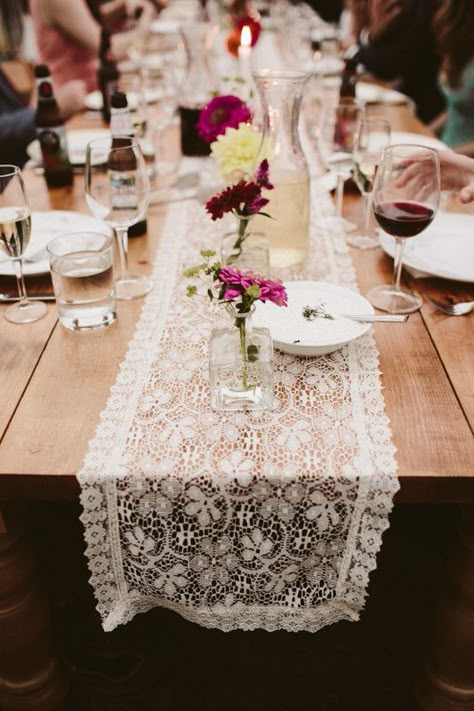 Vintage tablescape Lace Tablescape, Vintage Tablescape, Tablescape Wedding, Campground Wedding, Candles Flowers, Vintage Wedding Table, Rustic Backyard, Vintage Table Runner, Lace Runner