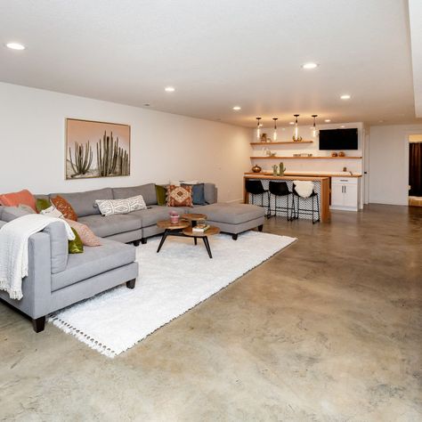 Basement Minimalist Design, Modern Basement Apartment, Basement Family Room No Windows, Minimalist Basement Remodel, Modern Cottage Basement, Sectional Basement Layout, Basement Studio Apartment Ideas Layout, Midcentury Basement Remodel, Mid Century Basement Remodel