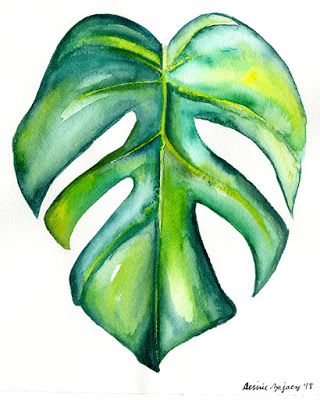 Monstera Watercolor Painting, Easy Plant Painting Ideas, Tropical Painting Easy, Watercolor Art Green, Leave Painting, Leaves Watercolor Painting, Plants Painting, Plants Watercolor, Tattoo Tree