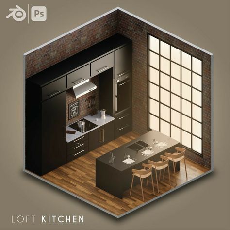 Interior Isometric View, Isometric View Of Kitchen, 3d Isometric Room, Isometric Kitchen, Isometric Interior, 3d Room Design, Isometric Room, Small Game Rooms, Kitchen 3d