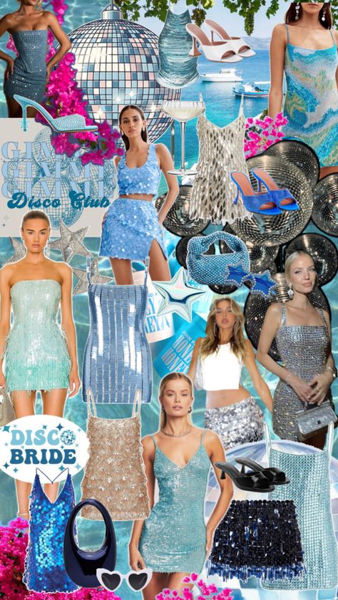 miami bachelorette party | mama mia theme | miami outfits & aesthetic. sequin dress, glitter dress, sparkly dress, blue dress, mini dress, going out outfits, outfit, inspiration, Miami, Mamma Mia theme, ocean, Greece, sequin heels, blue bags, shades of blue, disco, dancing Queen. Mama Mia Theme, Mama Mia Birthday, Bachelorette Mood Board, Mamma Mia Outfits, Mamma Mia Theme, Bachelorette Outfit Themes, Mama Mia Party, Greece Party, Mamma Mia Birthday