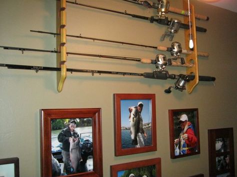 fishing poles Organizing Fishing Poles, Store Fishing Poles, Fishing Pole Holder Diy, Pallet Fishing Rod Holder, Diy Fishing Rod Holder, Fishing Pole Storage, Diy Fishing Rod, Bank Fishing Rod Holders, Ice Fishing Rods