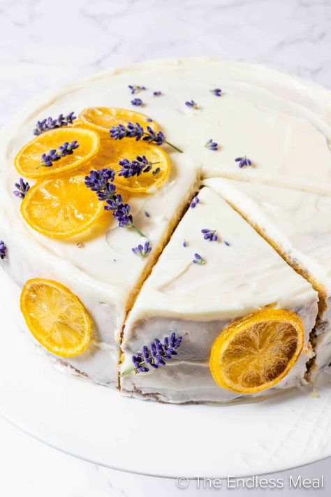 Lavender Lemon Cake, Lemon Lavender Cake, Lavender Dessert, Lemon Meringue Pie Easy, Candied Lemon Slices, Vegan Lemon Cake, Mother's Day Celebration, Lemon Layer Cakes, Vegan Frosting