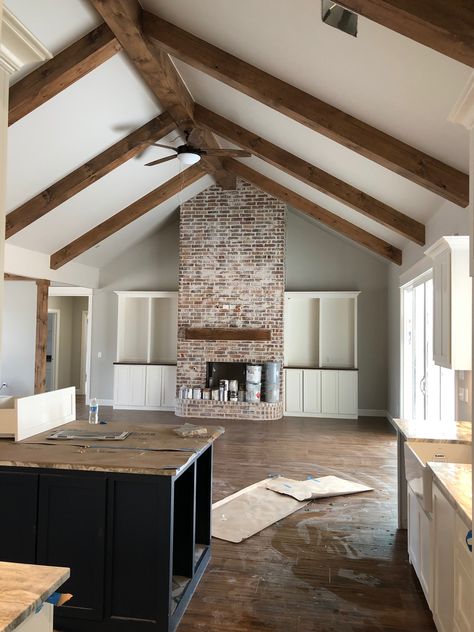 Brick Fireplace With Vaulted Ceiling, Open Vaulted Kitchen And Living Room, Vaulted Wood Ceiling Living Room, Wood Beams On Ceiling, Rubicon Interior, Farmhouse 2023, Beams Ceiling, Vaulted Ceiling Beams, Farmhouse Fireplace Ideas