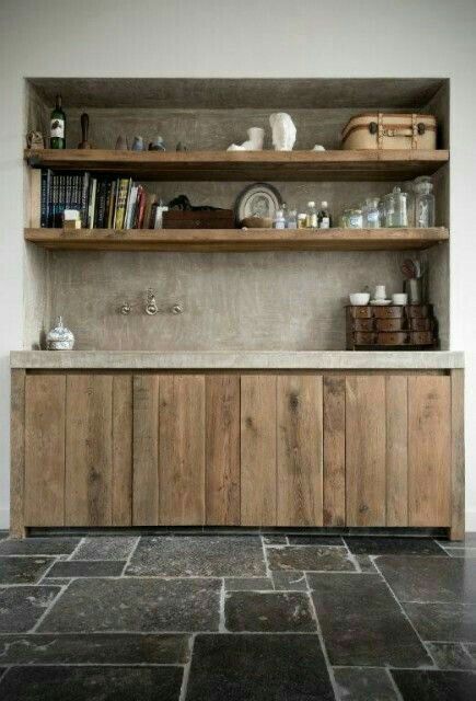 Concrete Kitchen, Wood Cabinets, Rustic Kitchen, 인테리어 디자인, A Kitchen, Kitchen Inspirations, New Kitchen, Kitchen Interior, Farmhouse Kitchen