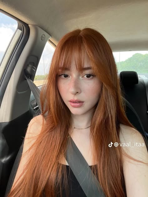 Fringe Ginger Hair, Different Shades Of Ginger Hair, Ginger Hair No Bleach, Ginger Wispy Bangs, Cool Tone Orange Hair, Dark Orange Red Hair, Cool Toned Ginger Hair, Honey Orange Hair, Dark Red Orange Hair