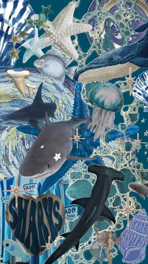 Shark ocean blue phone wallpaper aesthetic Pinterest collage mood board Blue Phone Wallpaper Aesthetic, Blue Phone Wallpaper, Shark Background, Pinterest Collage, Phone Wallpaper Aesthetic, Shark Pictures, Cute Home Screen Wallpaper, Nostalgia Art, Shark Art