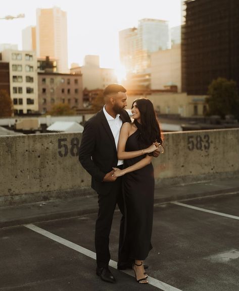 Engagement Photos Formal Classy, Poses For Couples Instagram, Classy Couple Photoshoot Romantic, Formal City Engagement Photos, Fancy Engagement Photos Classy, Black Aesthetic Engagement Photos, Outfits For Couple Photoshoot, Engagement Photos Black Outfits, Engagement Photos Classy Elegant