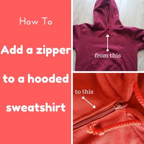 Learn how to add a zipper to a too tight hooded sweatshirt. Tutorial by Keeping It Real. Sweatshirt Refashion Remake, Diy Sweatshirt Refashion, Sweatshirt Refashion, Simple Sweatshirt, Hoodie Refashion, Upcycle Sweatshirt, Keeping It Real, Diy Sweatshirt, Sewing Tutorials Free