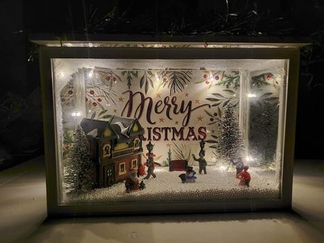 Dollar Tree Mini Christmas Scene Box — CraftBits.com Diy Christmas Shadow Box, Bag Background, Christmas Picture Frames, Christmas Craft Show, Christmas Diorama, Dollar Store Christmas Crafts, Diy Shadow Box, Christmas Shadow Boxes, Dollar Store Christmas