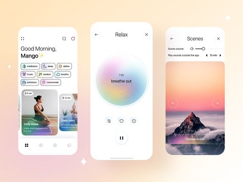 Meditation App by Tamriko Mishvelidze on Dribbble Mindfulness App Design, Meditation App Ui, Moodboard App, Doctor App, Christian Apps, Mindfulness App, Timer App, Meditation App, Medium App