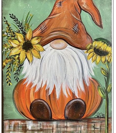 Scarecrows Drawing Easy, Gnomes Canvas Painting, Pumpkin Gnome Painting, September Painting Ideas Easy, Gnome Fall Painting, Fall Wine And Canvas Ideas, Whimsical Fall Paintings, Scarecrow Canvas Painting, Autumn Gonk