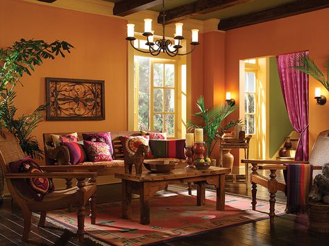 cool combo of colors, burnt orange and fuschia accents makes kind of a middle eastern, exotic feel Living Room Indian Style, Colonial Living Rooms, South American Decor, Bungalow Inspiration, Living Room Indian, Colorful Rooms, Mermaid Treasure, American Living Room, Indian Living Room