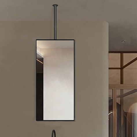 Ceiling Mounted Bathroom Mirror, Suspended Mirror Bathroom, Ceiling Hung Mirror, Hanging Mirror From Ceiling, Industrial Chic Bathroom, Powder Room Mirror Ideas, Suspended Mirror, Mirror For Bathroom Vanity, Black Bathroom Light Fixtures