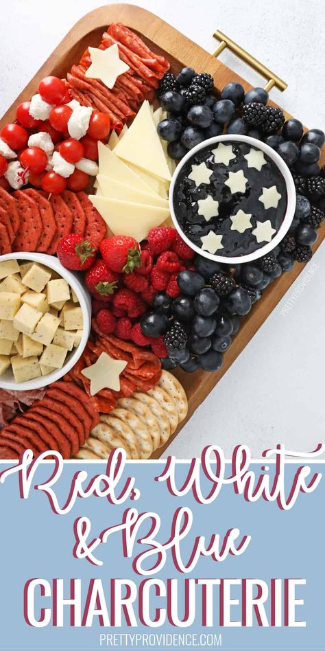 Make this easy charcuterie board with red, white, and blue foods - this is the perfect 4th of July snack to bring to a BBQ or picnic!  via @prettyprovidnce Red White And Blue Charcuterie Board Ideas, Fourth Of July Food Charcuterie, 4th Of July Fruit Platter Ideas, Chacutery Board 4th Of July, 4th Of July Charcuterie Board Simple, 4th Of July Food Charcuterie Board, Fruit Charcuterie Board 4th Of July, Easy 4th Of July Charcuterie Board, Patriotic Charcuterie Board Ideas