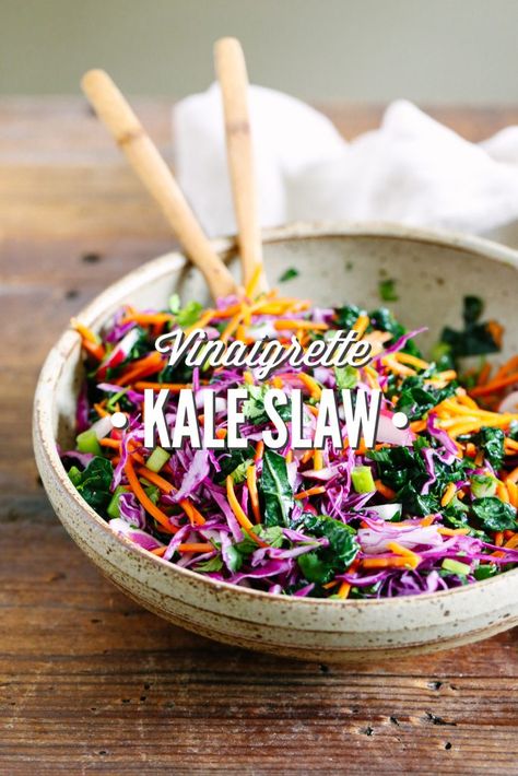 So yum! This slaw is a modern, healthy take on traditional coleslaw. Made with traditional slaw ingredients, kale, and a simple homemade vinaigrette. Love this! Great on sandwiches, tacos, or as a side salad. Kale Coleslaw, Slaw For Tacos, Simply Organic Spices, Freezing Kale, Food For Beginners, Kale Slaw, Homemade Vinaigrette, Chopped Salads, Smoothies Vegan