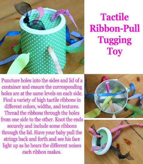 Help your baby learn about different textures and sounds with this Tactile Ribbon-Pull Tugging Toy. Ribbon Pulling Activity, Playschool Activities, Quiet Bags, Infant Toys, Imagination Tree, Infant Room, Quiet Book Patterns, Diy Baby Gifts, Diy Nursery