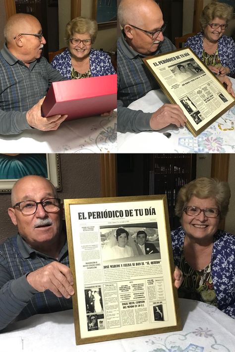 Cincuenta años de casados no se cumplen todos los días. Una ocasión tan especial merece un regalo único. Los recuerdos siempre son una buena opción, más aún si tienen forma de portada de periódico. El regalo perfecto para las Bodas de Oro. 50 Aniversario De Bodas Ideas, Polaroid Film, Collage, Book Cover, Books, Gifts