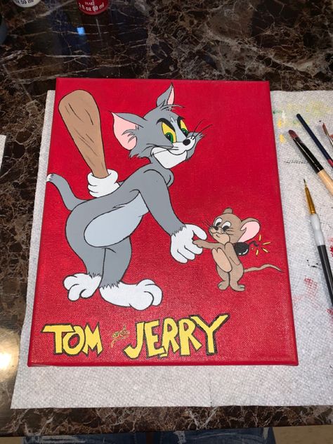 Tom And Jerry Painting On Canvas, Acrylic Painting Cartoon Characters, Cartoon Characters High Paintings, Paintings Cartoon Characters, Cartoon Network Paintings, Tom And Jerry Painting, 90s Painting Ideas, 90s Cartoon Canvas Painting, Paintings Cartoon