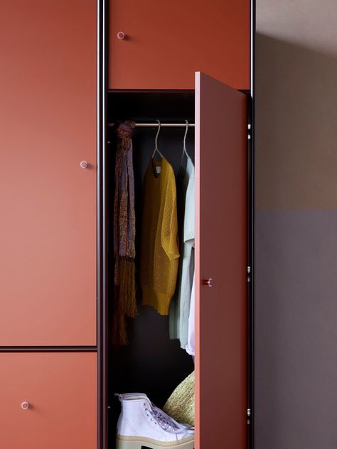 Build the wardrobe of your dreams 💭 The Montana Wardrobe is a flexible storage solution that allows you to express your own personal style, colour scheme and needs when designing your wardrobe. Available in Montanas 40 water-based lacquer colours.⁠ Here seen in the colours Balsamic and Hazelnut.⁠ Montana Wardrobe, Orange Wardrobe, Clothing Rail, Wardrobe Systems, Montana Furniture, Shoes Storage, Wardrobe Drawers, Bedroom Essentials, Wall Mounted Cabinet