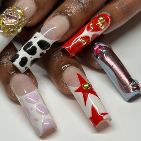 which nail is ya fave? 🐄🫧💓⭐️💎 #nailart #londonnailtech #londonnails #gelxlondon #westlondonnails Funky Long Nails, Long Funky Nails, Long Artistic Nails, Unique Black Nails, Junky Long Nails, Long Nail Designs 2024 Trends, Nails Styles, Hand Candy, London Nails