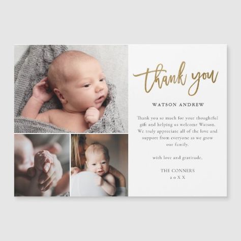 Simple Gold Script 3 Photo Baby Thank You Card #photobabythankyoucard #goldfoilthankyou #scriptcalligraphy #modern #newbabythankyounote #babyboyorgirl #3photocollage #elegant #simple #typography Thank You Photo Cards, Birth Announcement And Thank You Card, Thank You Card With Photo, Thank You Cards Baby Gifts, Birth Announcement Thank You Card, Newborn Thank You Cards, Thank You Cards For Baby Shower Gifts, Baby Shower Thank You Cards Wording, Six Month Baby