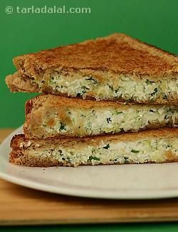 Although both cabbage and paneer are bland ingredients, the hints of green chillies and coriander lace it with an enticing flavour, and the overall effect is rather pleasing to the palate. Recipes With Bread Slices, Veg Sandwiches, Recipes Sliders, Cream Cheese Sandwich, Veg Roll, Veggie Sandwiches, Tiffin Recipes, Toasted Cheese, Grilled Sandwich Recipe