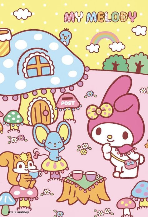 My Melody Poster, Sanrio Ios, Sanrio Ideas, Melody Poster, Kawaii Tattoos, Park Background, Melody Wallpaper, Hello Sanrio, Hello Kitty Videos