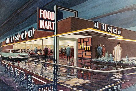 Midcentury illustrated grocery stores Station Service, Supermarket Design, Forums Design, Mid Century Architecture, Retro Futuristic, Retro Futurism, Bar Lounge, Vintage Artwork, Mid Century House