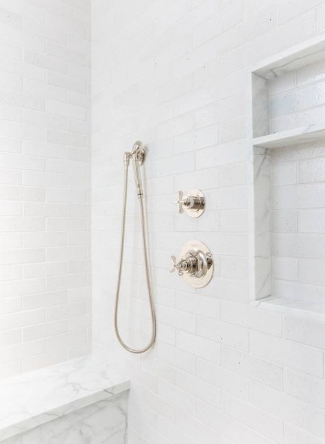 Marble slab sides in niche with tile back White Square Shower Tile, Amber Interiors Design, Small Shower Remodel, Marble Showers, Master Shower, Shower Niche, Amber Interiors, Upstairs Bathrooms, Kids Bathroom