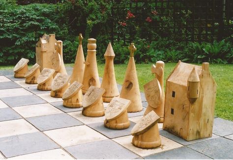 / Giant Garden Games, Outdoor Chess, Medieval Sculpture, Giant Chess, Wooden Chess Pieces, Garden Games, Chess Sets, Sculpture Garden, Yard Games