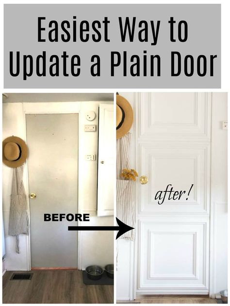 easiest way to update a plain door #easydiy #DIY #RVmakeover #RVremodel #RVliving #designonadime #whiteinteriors #character Old Door Transformation, Update Plain Doors, Updating Old Doors, Plain Door Makeover, Update Old Doors, Adding Character To Your Home, Door Update, Pintu Interior, Oversized Artwork