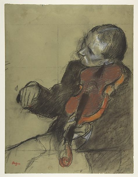 Violinist, Study for "The Dance Lesson" / Edgar Degas  / ca. 1878–79 / Pastel and charcoal on green wove paper; squared for transfer in charcoal; letterpress printing on verso Mary Cassatt, Edouard Manet, Camille Pissarro, Paul Cezanne, Edgar Degas, Pierre Auguste Renoir, Violinist, Chiaroscuro, Rembrandt