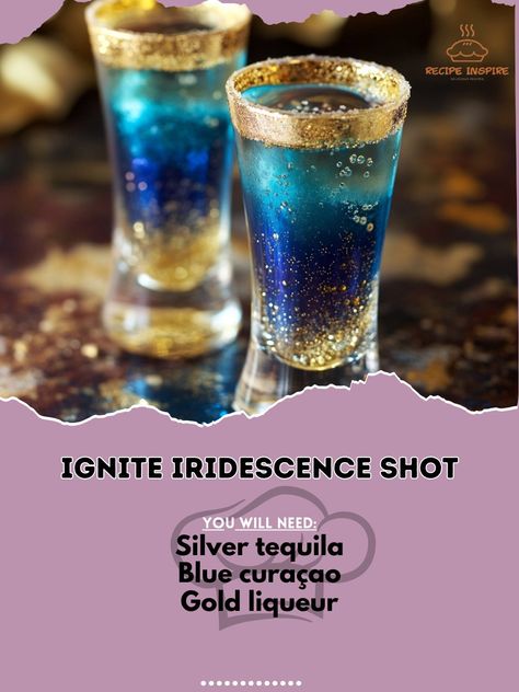 🔥 Ignite Iridescence Shot: Spark up the night with a shot of shimmering flavors! 🔥🥃 #ShimmeringShot #NightLife Ignite Iridescence Shot Ingredients: Silver tequila (1 oz) Blue curaçao (1/2 oz) Gold liqueur (1/2 oz) Instructions: Shake tequila and blue curaçao with ice. Strain into a shot glass and top with gold liqueur. 🔥 Let the Ignite Iridescence Shot light up your night! 🔥🥃 #ShimmerAndShine #ShotOClock Tequila Shot Recipes, Easy Dinner Desserts, Handmade Candles Diy, Layered Drinks, Gold Drinks, Pretty Alcoholic Drinks, Cocktail Party Food, Birthday Shots, Mixed Drinks Alcohol