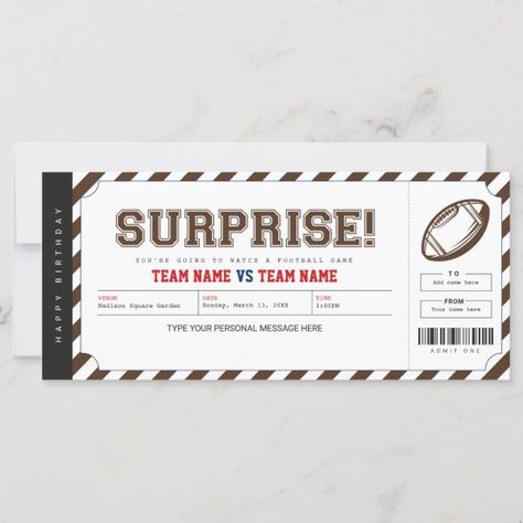 Surprise Football Game Stadium Gift Ticket Surprise Birthday Gifts, Football Ticket, Game Tickets, Ticket Template, Anniversary Invitations, Football Game, Gaming Gifts, Team Names, Football Games