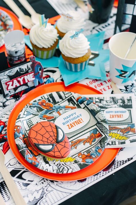 Kara's Party Ideas Spiderman 5th Birthday Party | Kara's Party Ideas Spiderman Birthday Party Minimal, Spiderman Party Ideas Decoration Boys 4th Birthday, Modern Spiderman Birthday Party, Spidey Party Ideas, Spiderman 5th Birthday Party, Spiderman Birthday Party Favors, Boys 5th Birthday Party Ideas, Spiderman 3rd Birthday Party, Spiderman Table