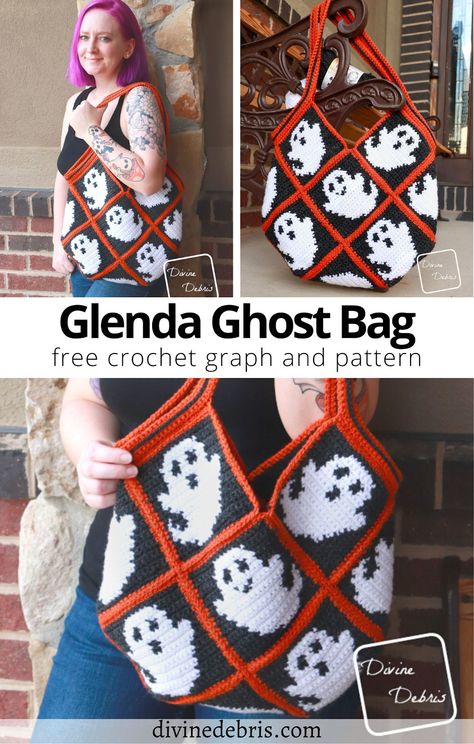 Glenda Ghost Bag free crochet pattern and graph by Divine Debris Crochet Halloween Purse Pattern, Crochet Halloween Purse, Crochet Fall Bag, Ghost Bag, Crochet Outfits, Crochet Holiday, Crochet Skull, Spooky Night, Fall Crochet Patterns